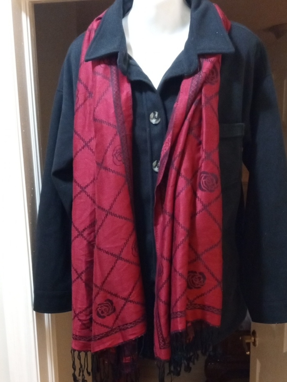 Forever 21 Black Pea Coat with Red Patterned Scarf